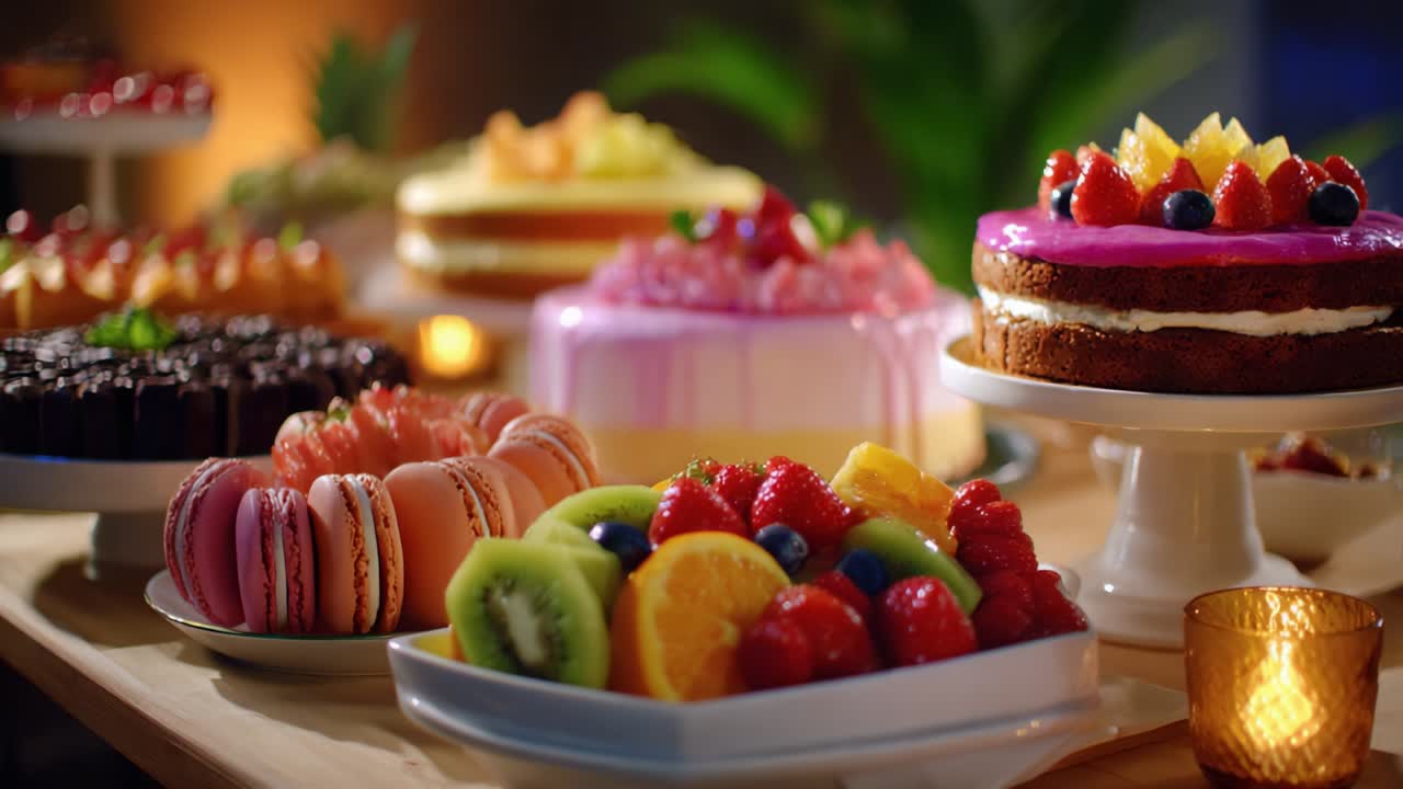 A Delightful Display of Colorful Confections Showcasing an Array of Decadent Cakes and Fresh Fruits, Perfect for Celebrations, Gatherings, and Indulging in Sweet Treats with Friends and Family