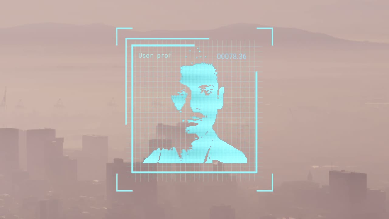 animação de múltiplos ícones de perfil em mudança contra a vista aérea da paisagem urbana