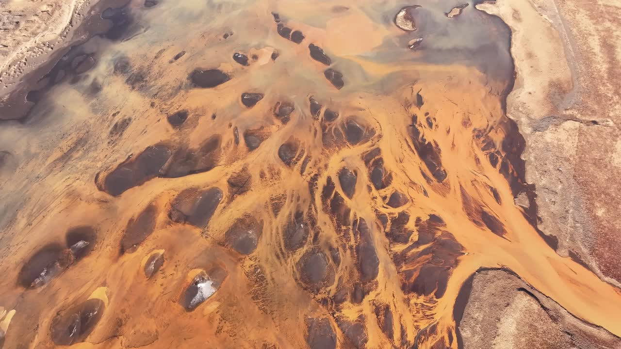 Aerial - golden braided channels of Thjorsa River winding across Icelandic delta