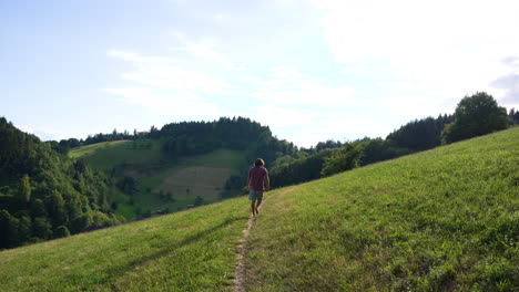 Young-man-with-red-Tshirt-and-long-brown-hair-is-walking-on-a-small-path-on-a-beautiful-meadow-on-a-sunny-summer-Day