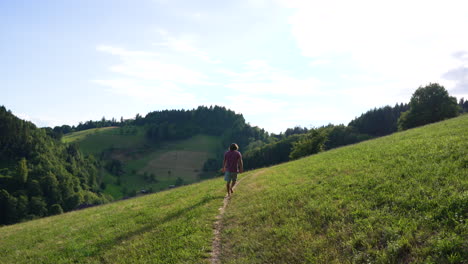 joven con camiseta roja y cabello castaño largo está caminando por un pequeño sendero en un hermoso prado en un día soleado de verano