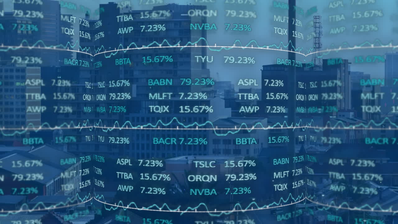 Animation of stock market data and graphs overlaying urban cityscape background