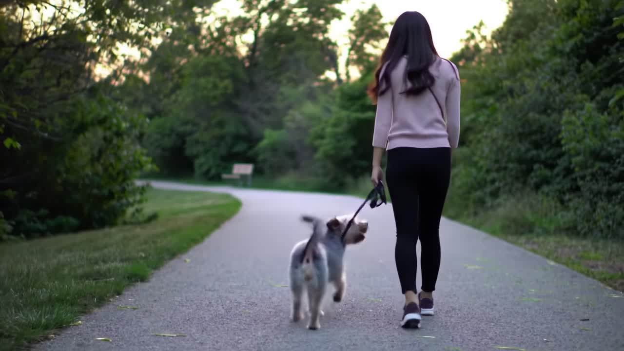 Enjoying a Quiet Evening Walk in Nature: A Woman and Her Dog Stroll Along a Scenic Pathway Surrounded by Greenery and Soft Golden Light