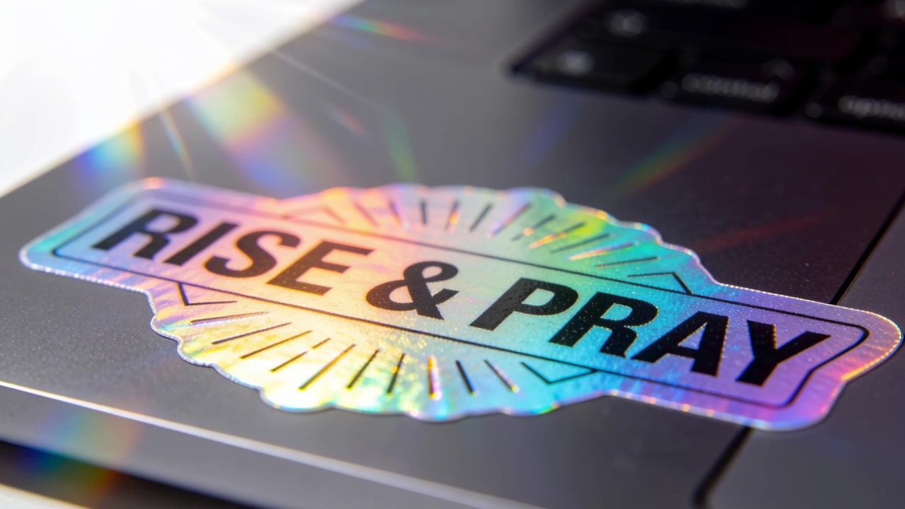 Kaster skarpt lys fra venstre, skaber regnbuestriber hen over laptopens håndledsstøtte med RISE og PRAY klistermærke.
