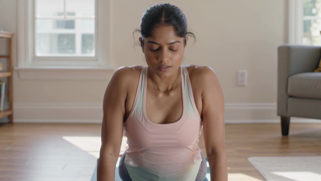 Kneeling starting guided breathing pregnant woman taking breaths on living room mat in pink tank