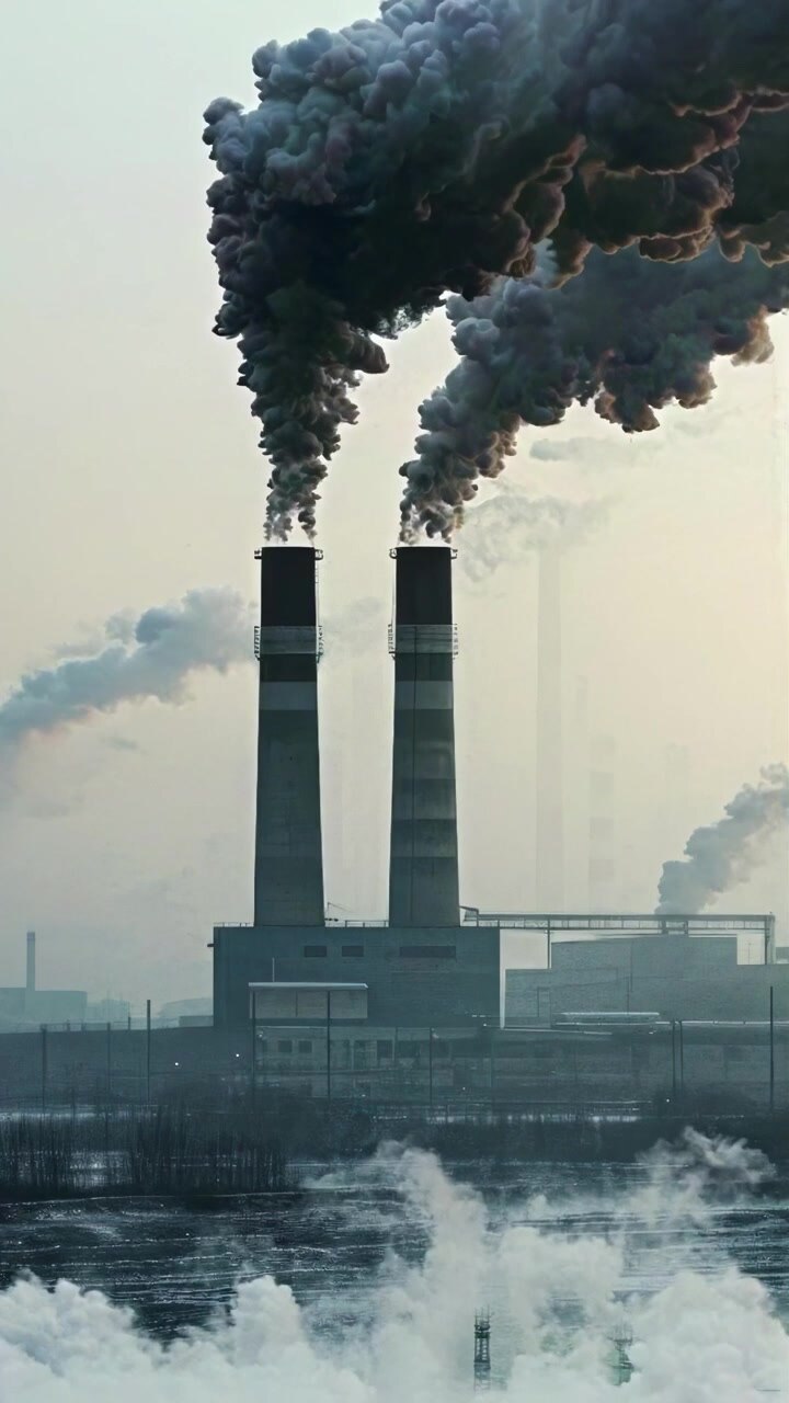 Industrial Power Plant Chimneys Emitting Thick Smoke