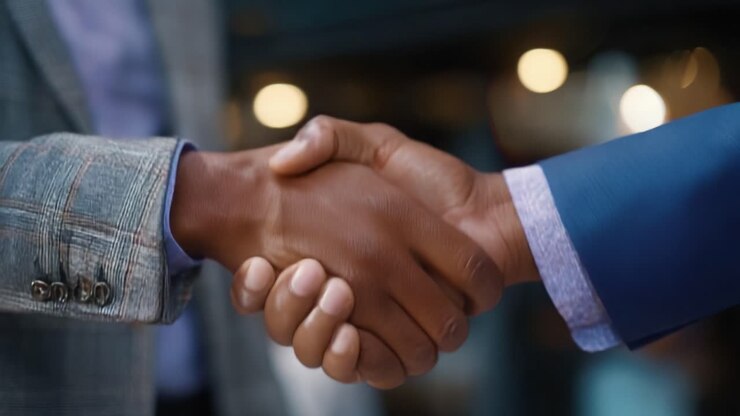 Conclusion of a Business Agreement Symbolized by a Firm Handshake between Two Professionals, Signifying Collaboration and Mutual Respect in a Professional Setting