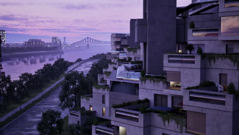 a concrete building with many balconies overlooking a city