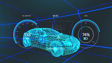 Animation-of-grid-patterned-car-with-speedometer-and-numbers-in-circles-over-black-background