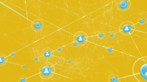 animation of network of connections with icons over yellow background with constellations