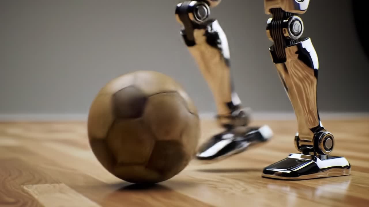 A Futuristic Approach to Sports: A Robotic Leg in Motion Kicks a Soccer Ball on a Polished Wooden Surface