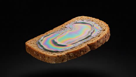 floating slice of bread with iridescent surface, capturing an unusual blend of food art and visual spectacle against a dark background