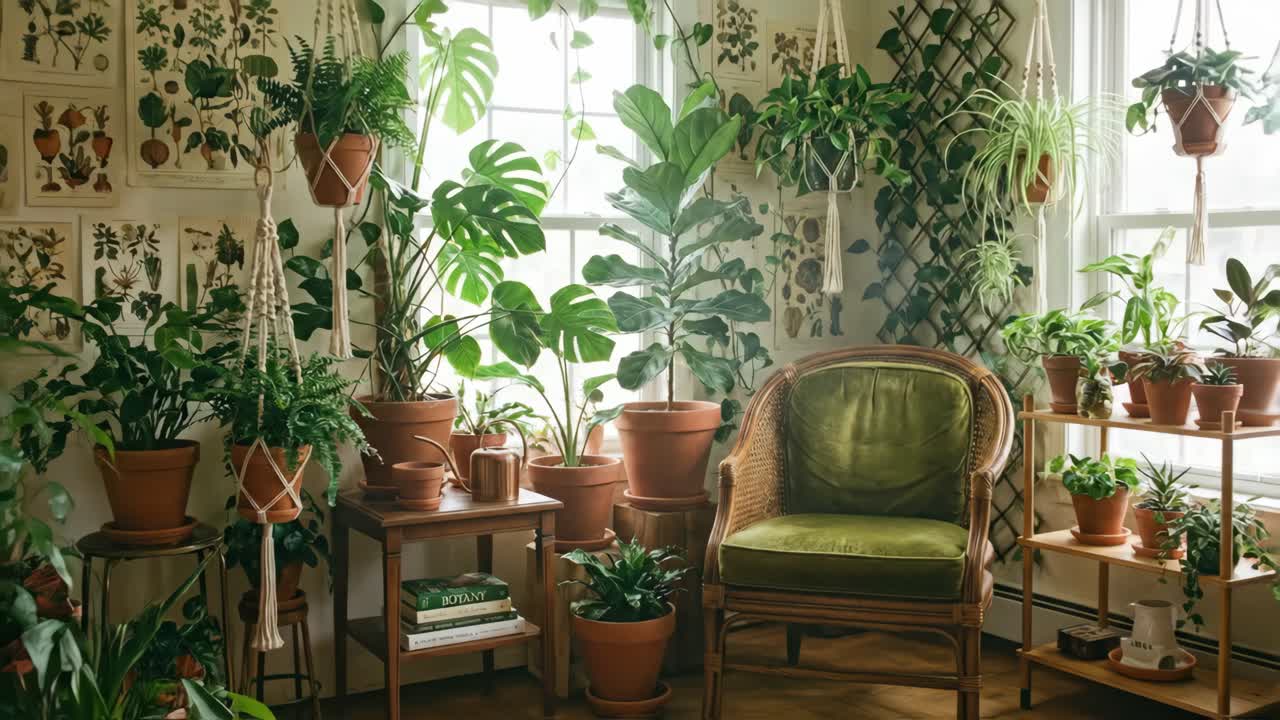 Interno di casa sereno con abbondante vegetazione e luce solare