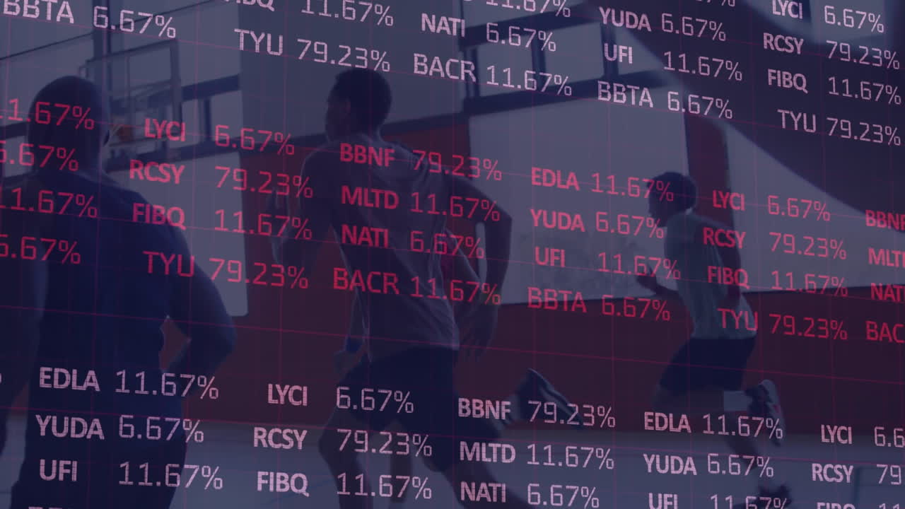 체육관에서 다양한 남성 농구 선수 그룹에 대한 금융 데이터 처리 애니메이션