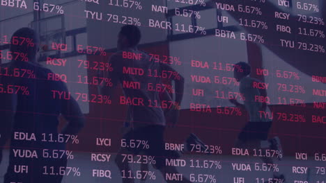 animation of financial data processing over diverse group of male basketball players at gym