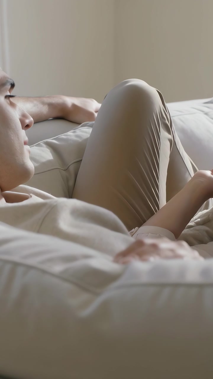 Video verticale: Uomo sdraiato con maglietta chiara e pantaloni beige che riposa sul divano di casa, sistemandosi le mani sul plaid.