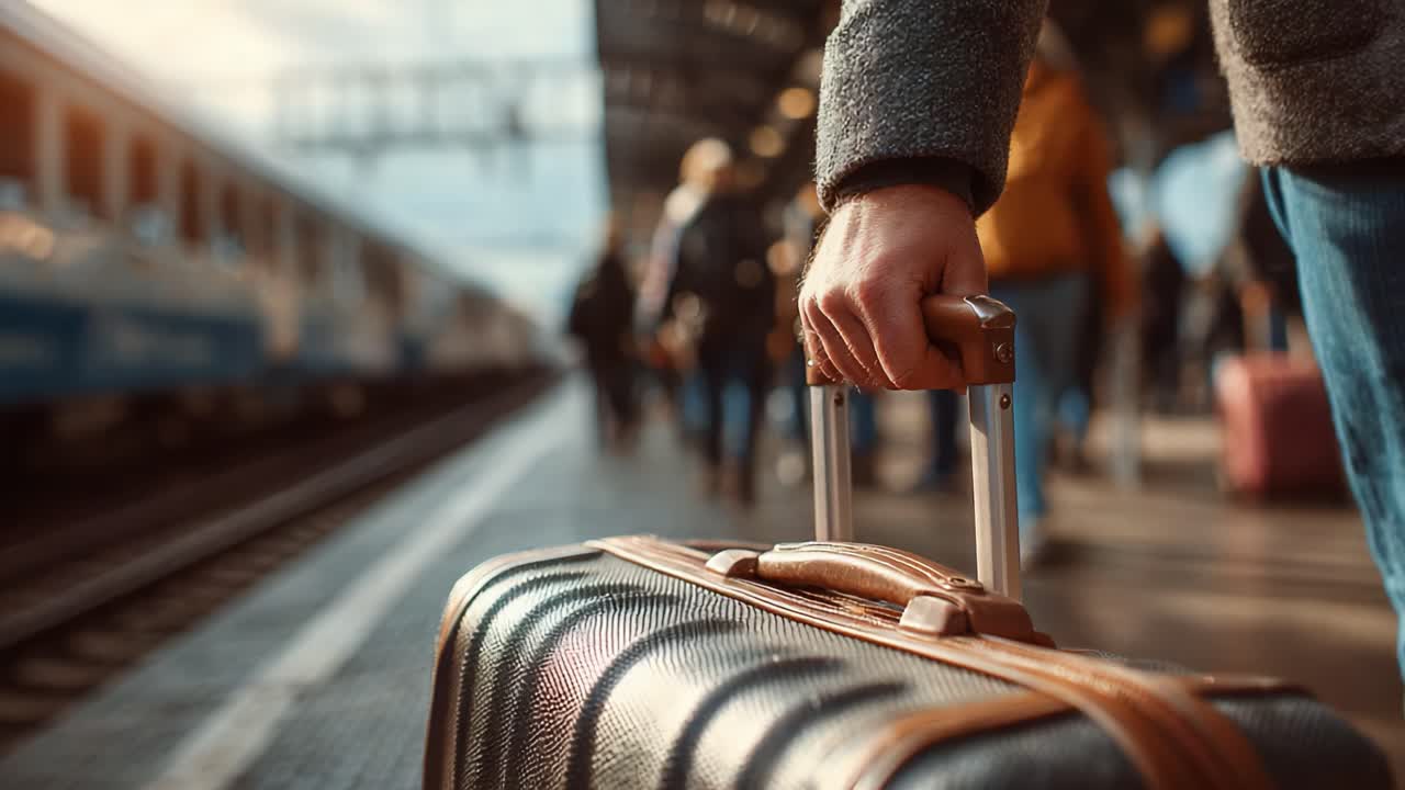A traveler at the train station grips their suitcase tightly, surrounded by bustling pedestrians in motion, capturing the essence of transit and anticipation