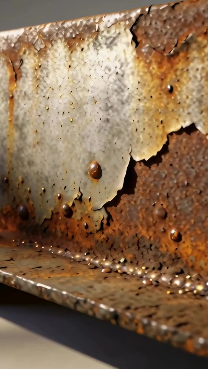 Vertical video: Panning camera documenting rusted I beam in shop, showing paint, welds, block