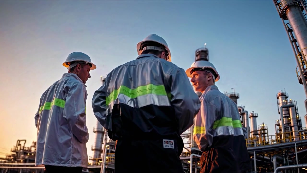 Three Engineers in Hard Hats Observe an Industrial Plant at Sunset