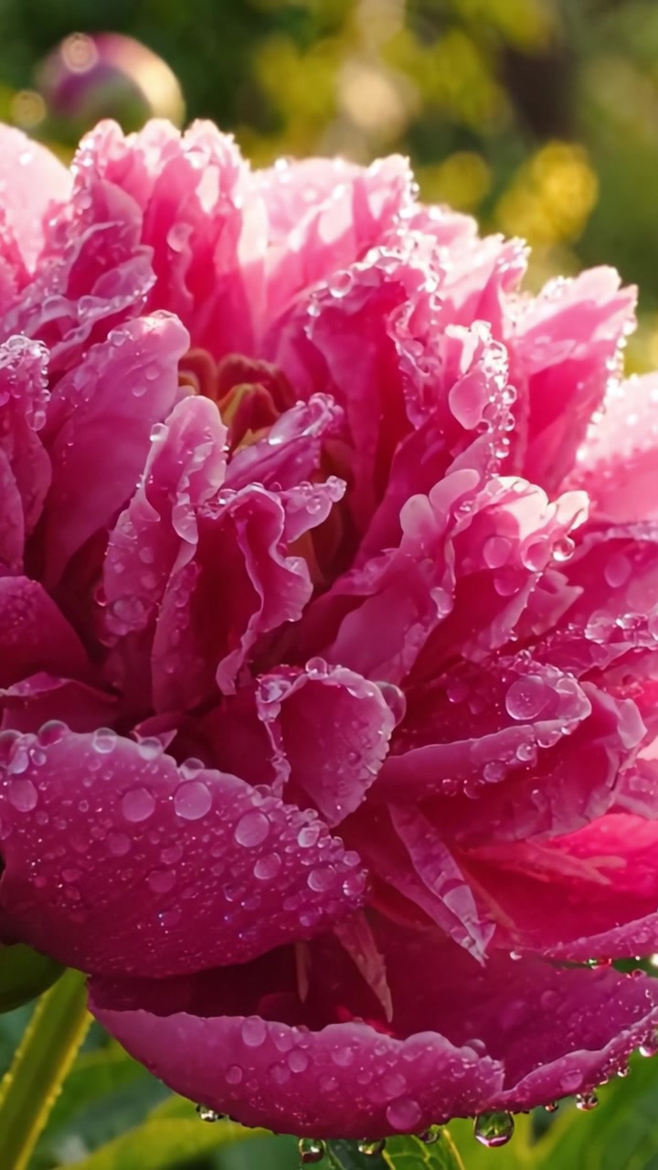 Bunga Peony Merah Muda Cerah dengan Tetesan Embun Memantulkan Cahaya Pagi, Menampilkan Keindahan Alam dalam Tampilan Dekat