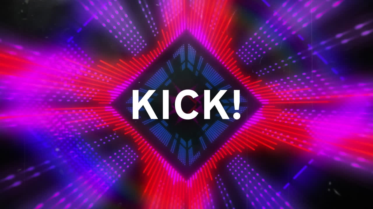 animación de kick en texto blanco sobre luces caleidoscópicas rojas y púrpuras sobre fondo negro