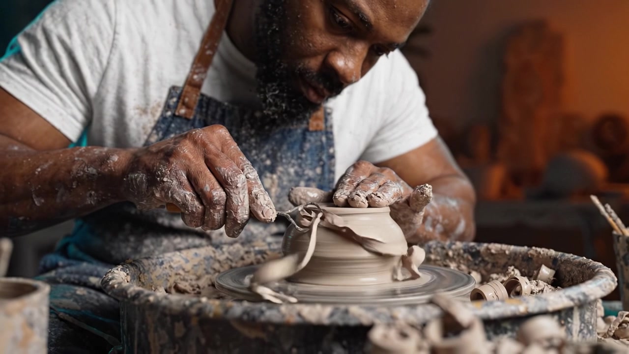 Master Craftsman Shaping Clay Pottery with Precision on a Potter's Wheel, Showcasing Artistry and Skill in the Traditional Ceramic Craft