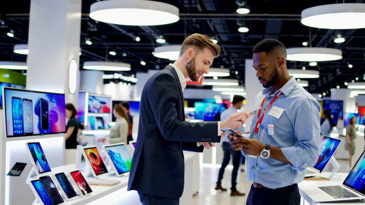 Customer and Sales Associate Interacting with Smartphones in an Electronics Store