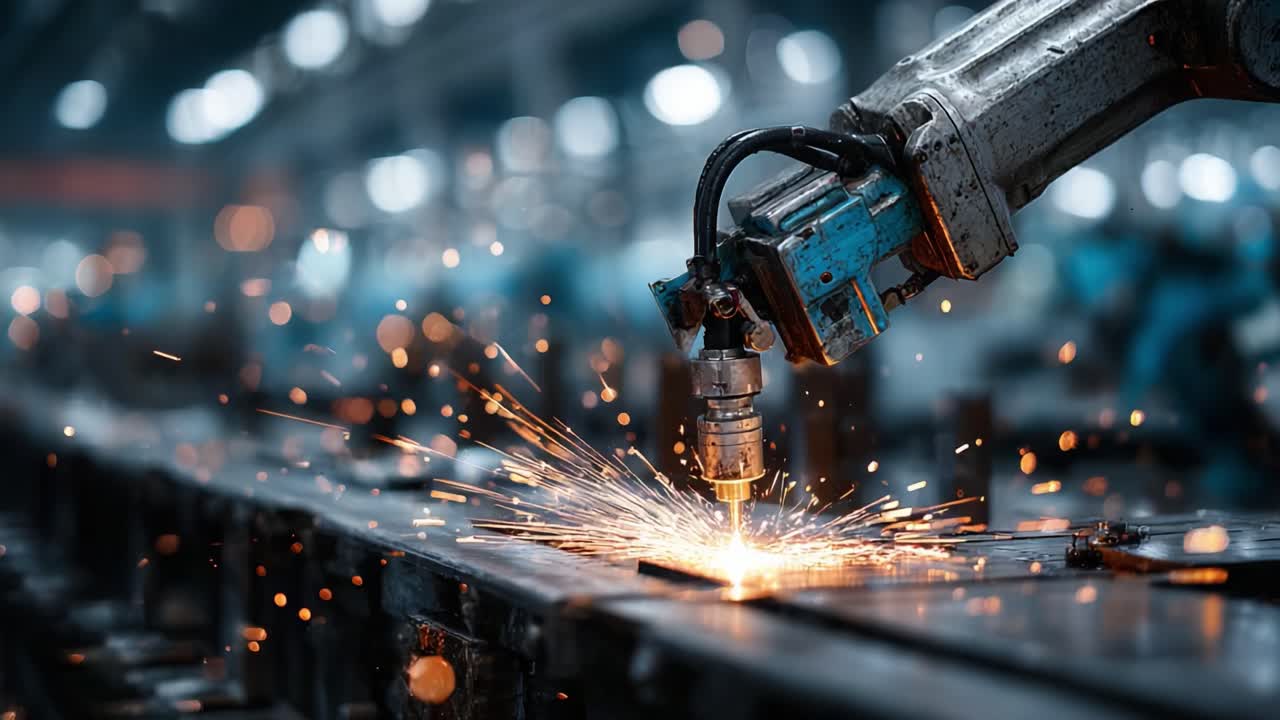 A High-Efficiency Robotic Arm Performing Precision Cutting in an Industrial Setting, Generating a Spark Shower as It Engages with Metal Surfaces for Manufacturing Tasks