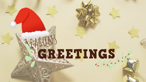 Animation-of-seasons-greetings-text-over-christmas-decorations