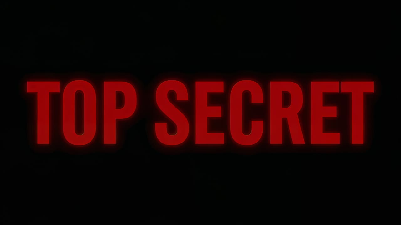 Pulsing centered red TOP SECRET title fading and brightening on black backdrop, starting for reveal