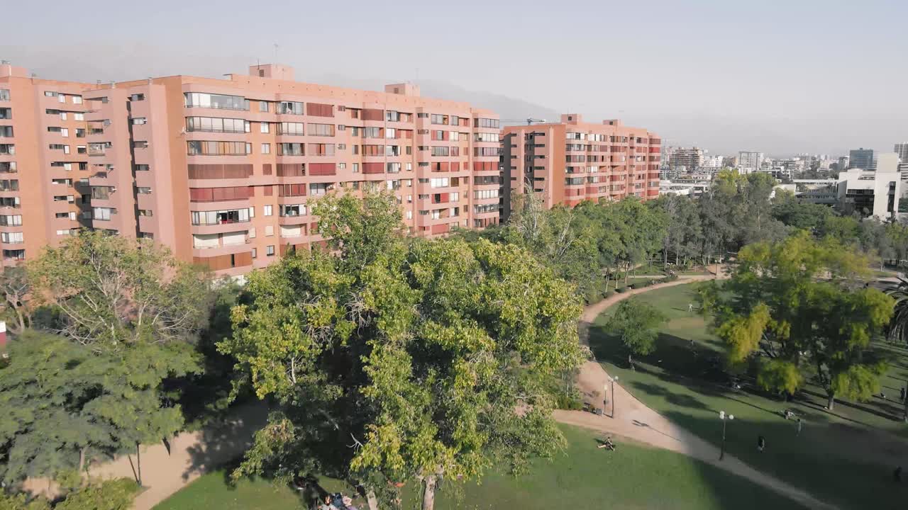 Aerial view over Ines de Suarez Park at Santiago de Chile on a sunny day