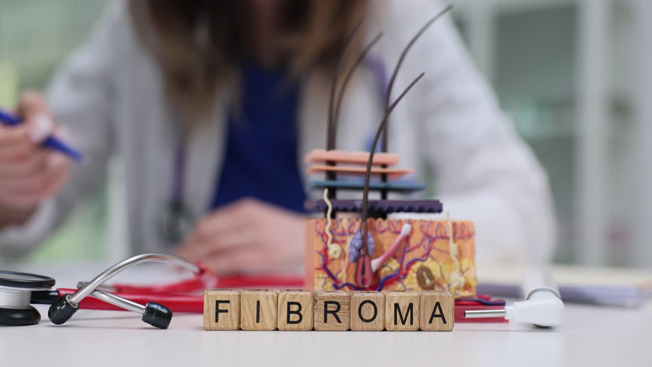 Blocchi con la parola Fibroma con modello di pelle e medico che scrive
