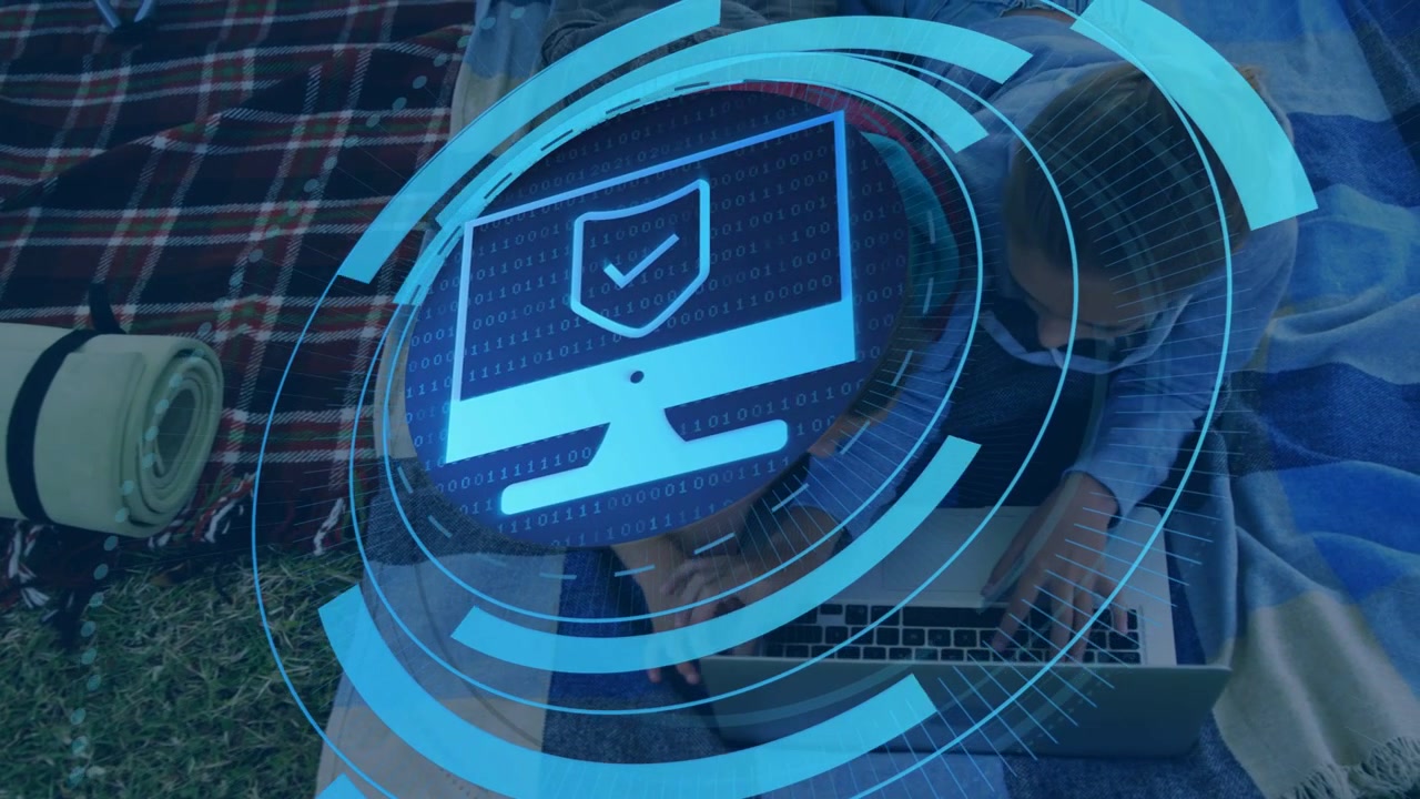 Girl leaning over laptop as boy touching pad, activating tech HUD showing shield icon for safety