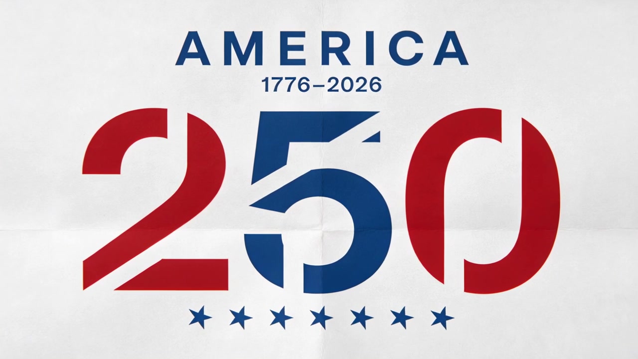 Inicio de revelación, logo con siete estrellas apareciendo una a una en papel, junto a 250 AMÉRICA 1776–2026