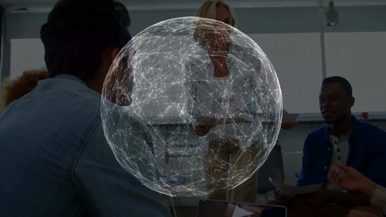 Presenter handing docs in business meeting, network sphere hovering over group for review