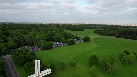 Aerial-flying-above-Papal-Cross-in-Phoenix-Park-in-Dublin,-Ireland