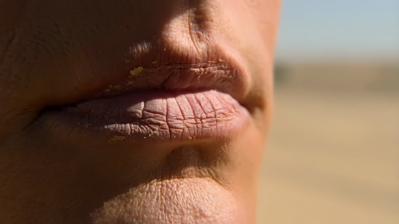 Close-up de Lábios Secos e Rachados com a Pele Descamando.