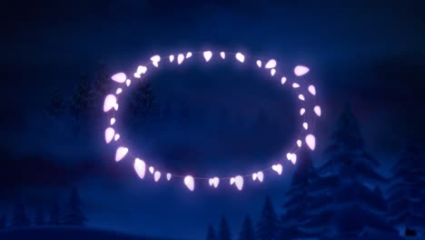 animation of fairy light frame with copy space over fir trees and winter scenery