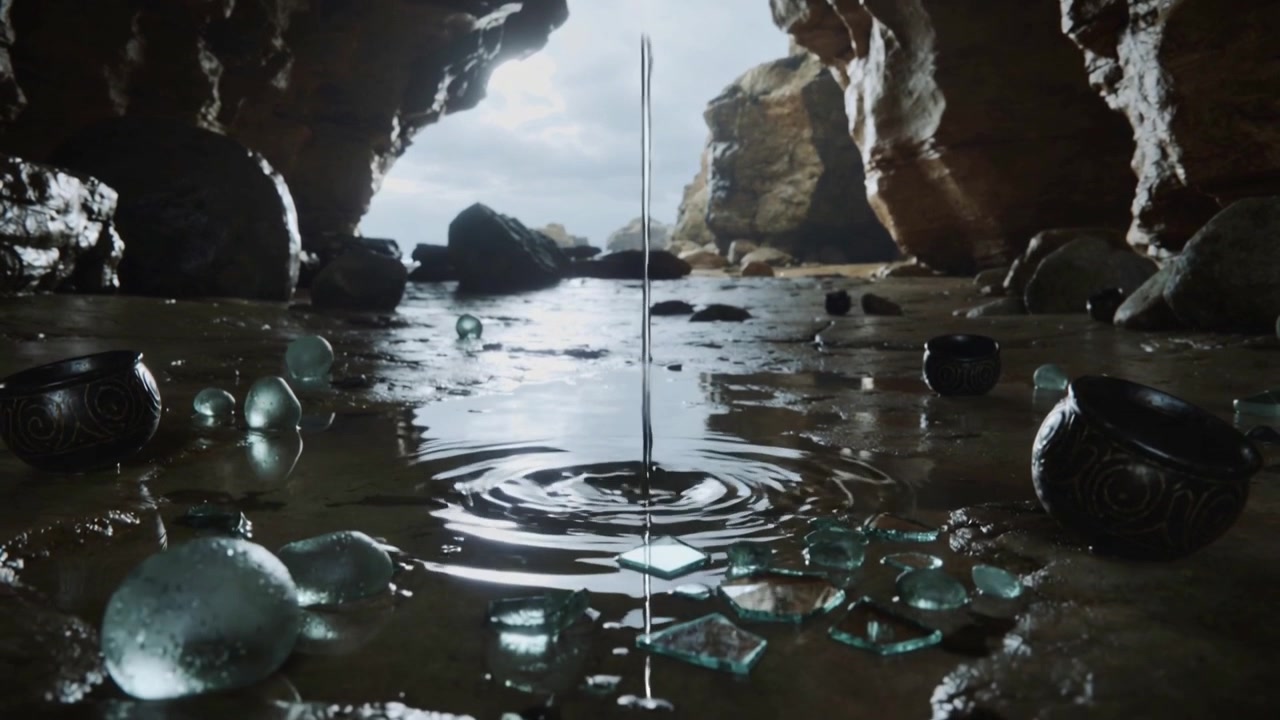 Colonna d'acqua che cade colpendo una pozzanghera in una grotta di marea, con riflessi cangianti su marmi e frammenti.