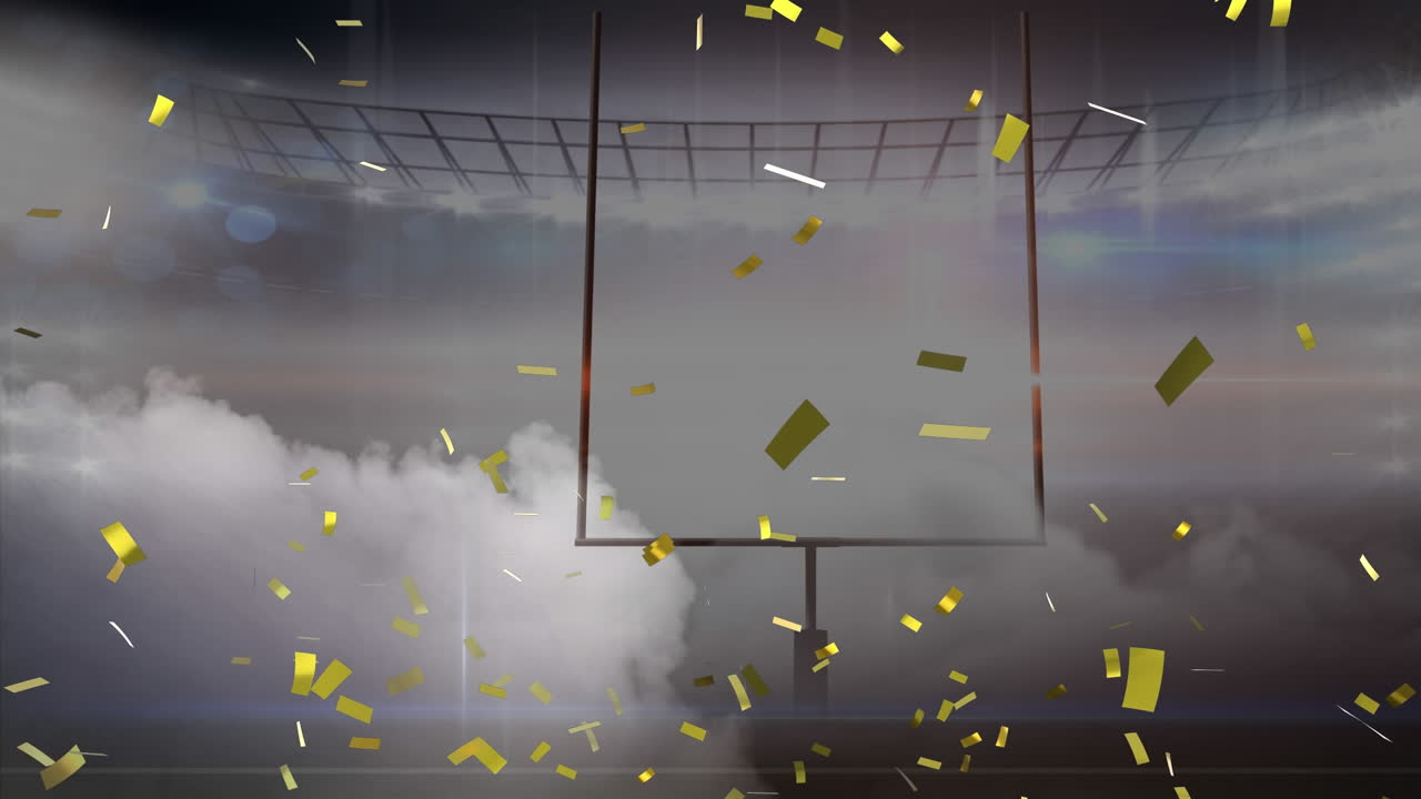 animación de confeti cayendo y niebla sobre el estadio vacío