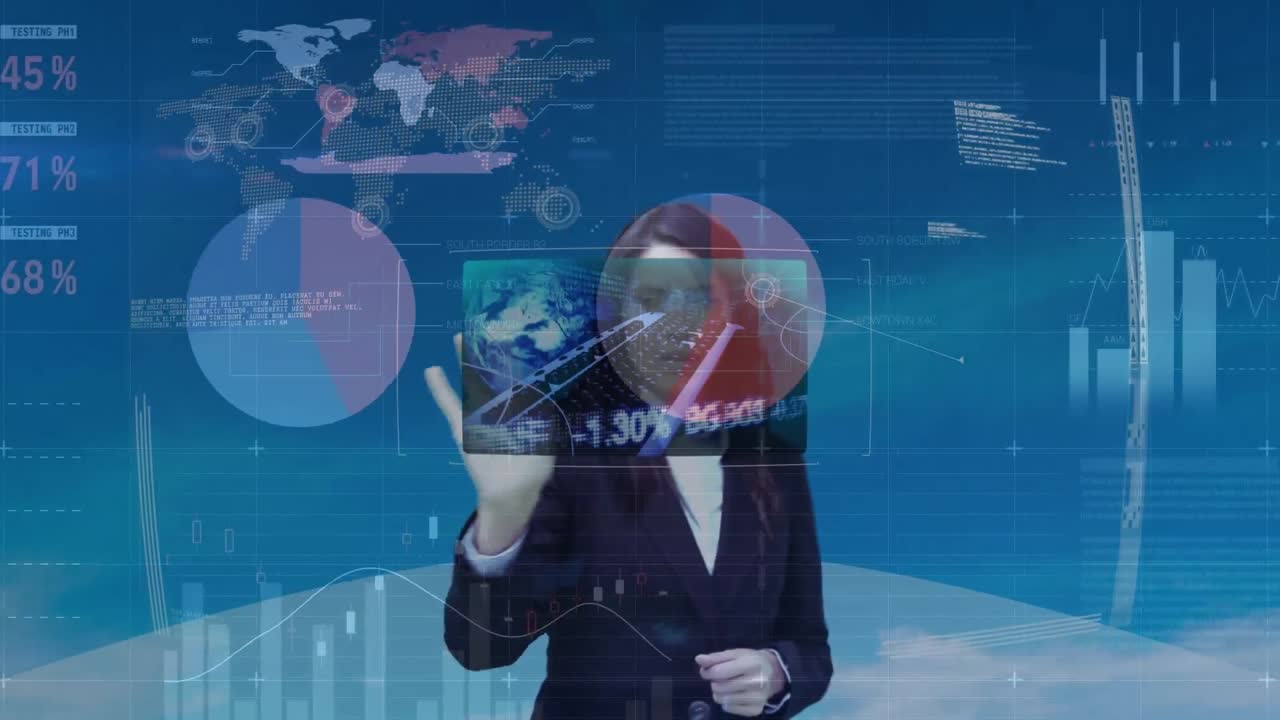animación de una mujer de negocios utilizando la interfaz de pantalla táctil y el procesamiento de datos