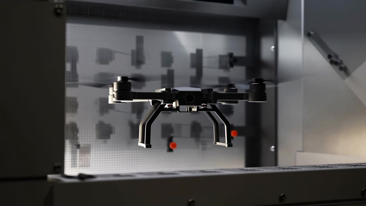 Dron compacto no tripulado flota en una sala de máquinas oscura con equipo de fabricación borroso al fondo y una fuerte iluminación lateral que lo resalta.