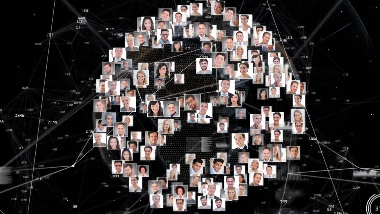 Animation of globe with network of connections and people's photos