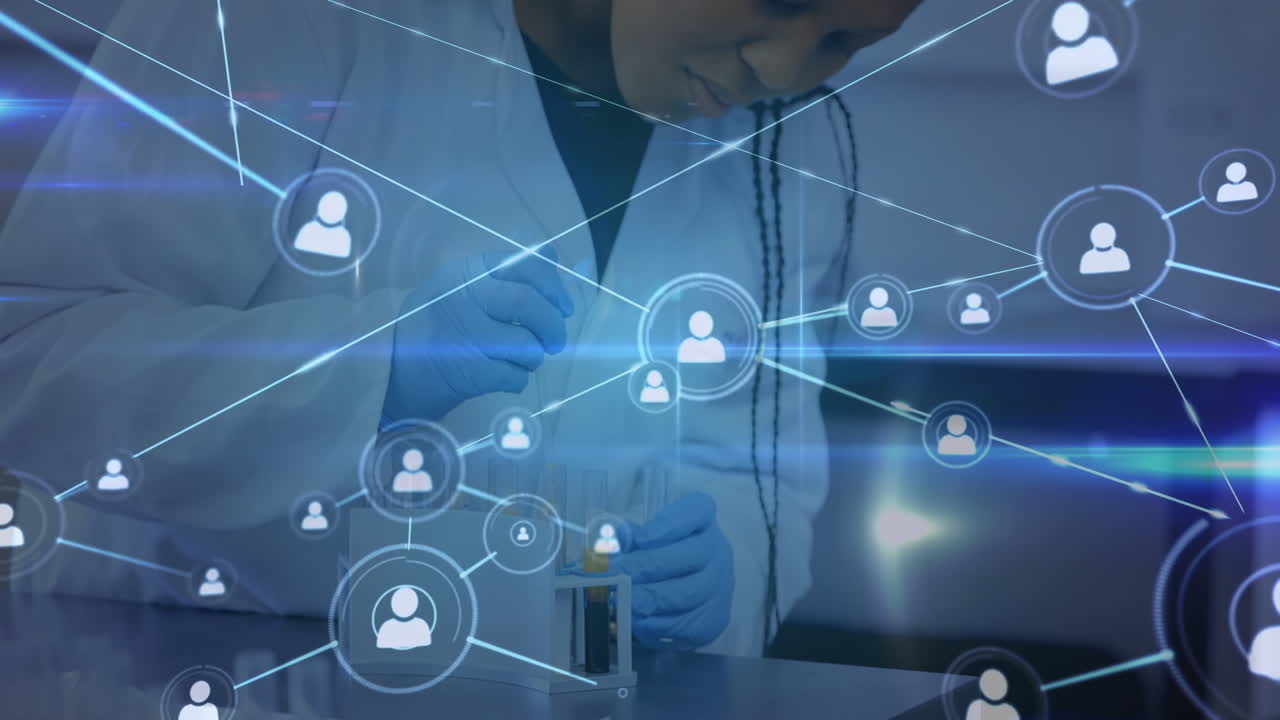 아프리카계 미국인 여성 실험실 직원 위의 아이콘과의 연결의 애니메이션