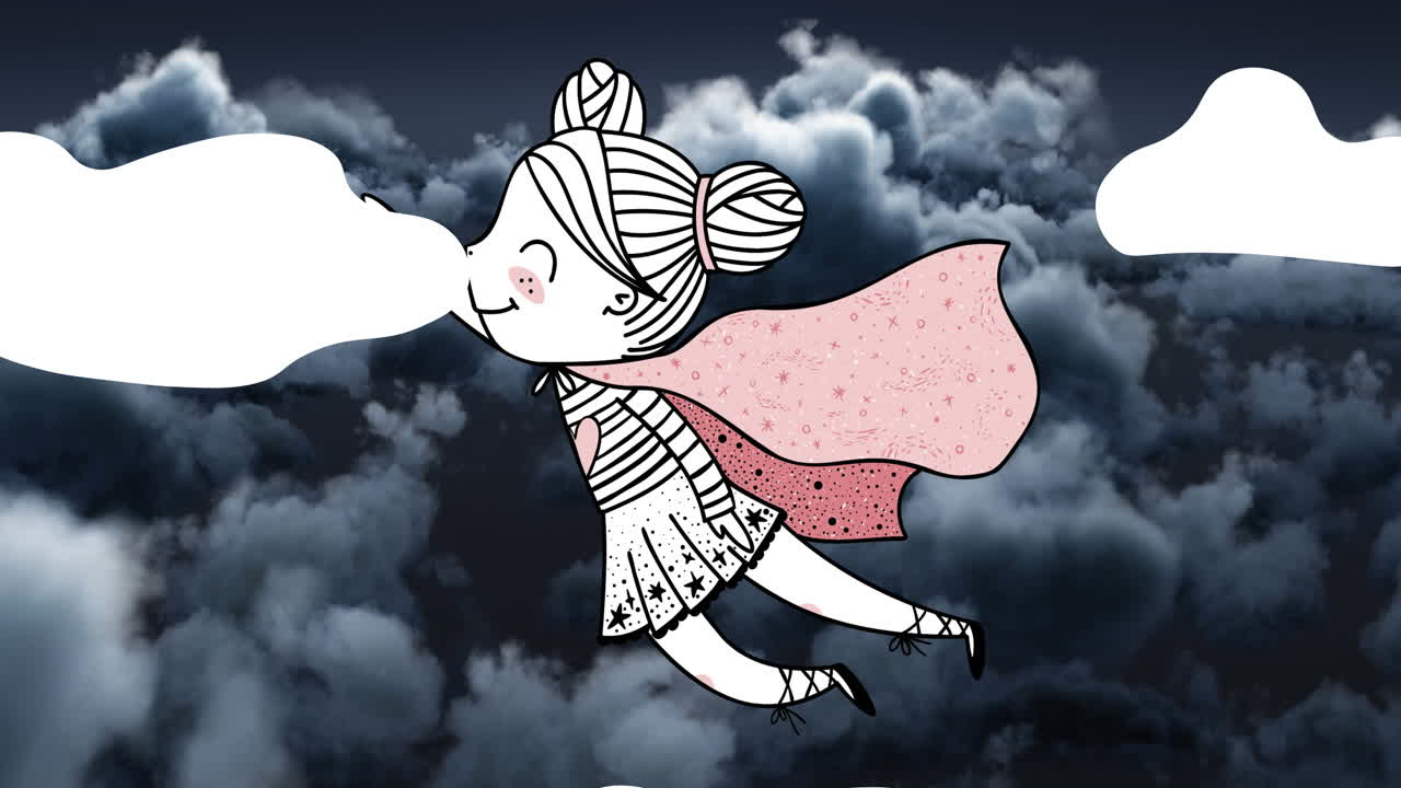 Animation of retro superhero fairy flying over clouded sky