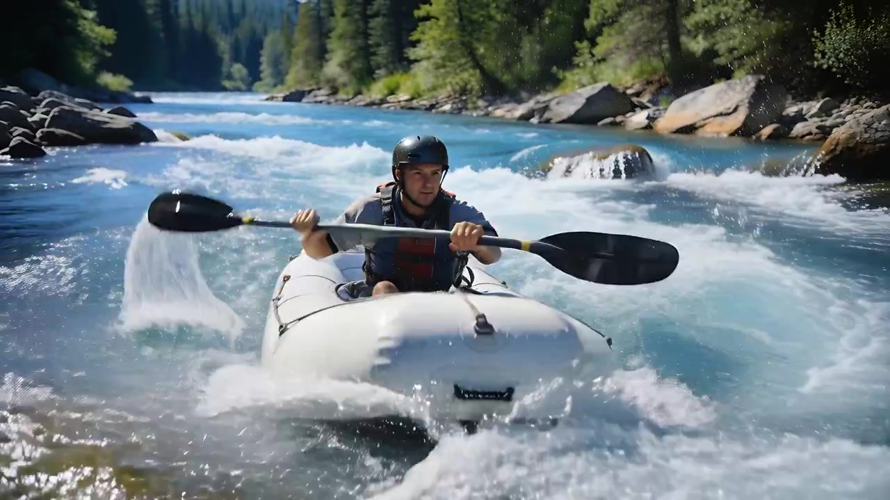 Rematore maschio che guida il gommone con la pagaia, affrontando le rapide di un fiume di montagna e tenendo una cima.