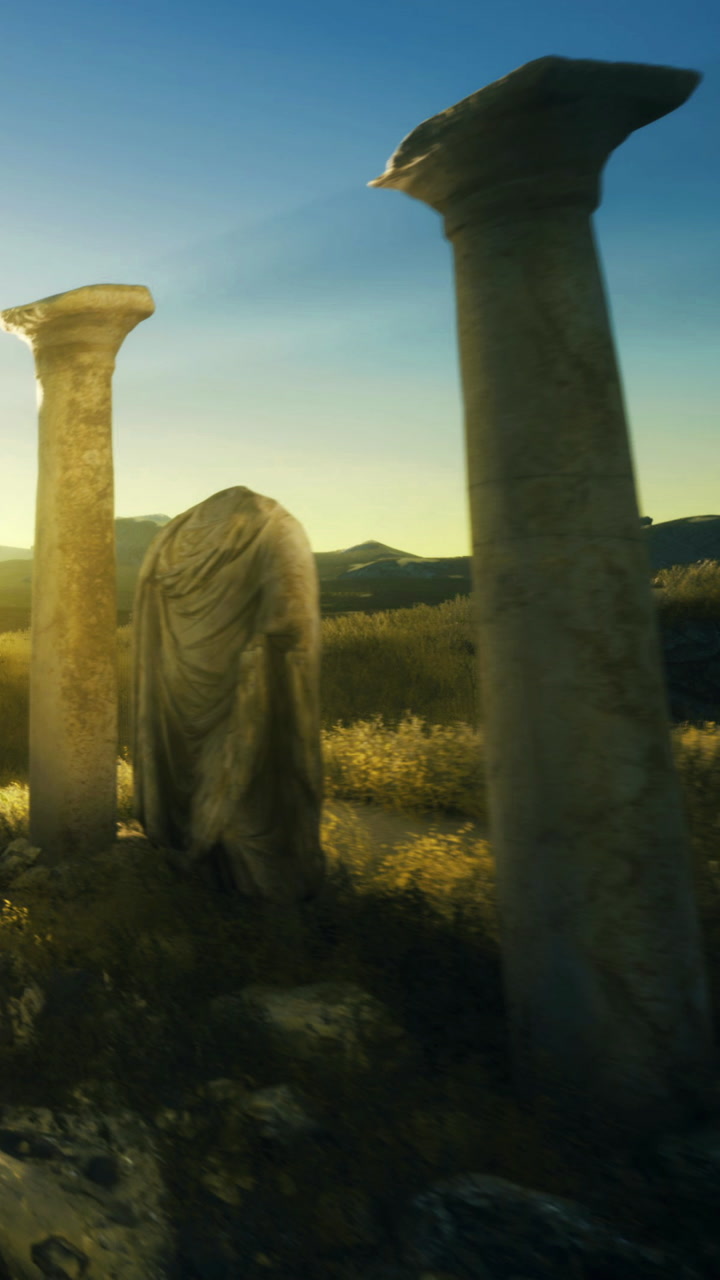 Ancient ruins stand under a bright sky in an open landscape during sunset