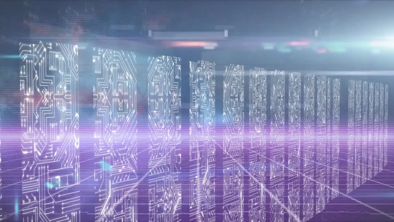 Animation of light trails over columns with computer circuit board