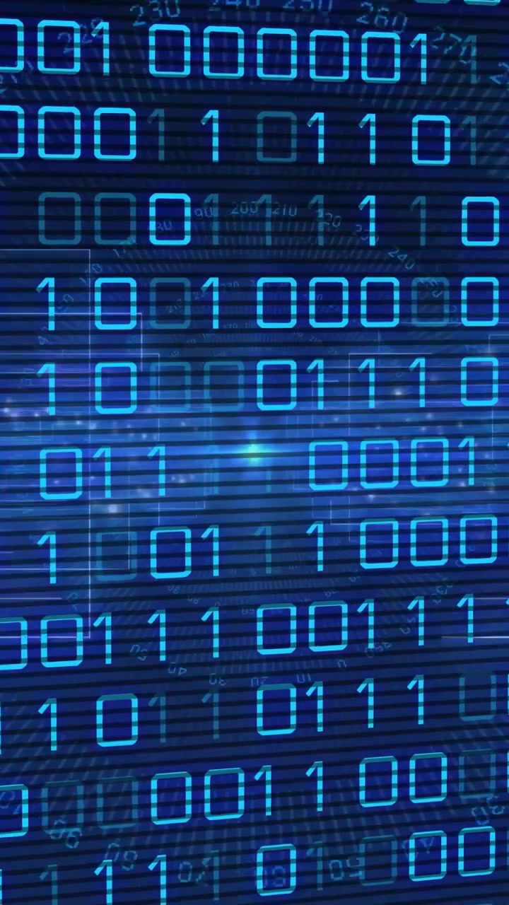 Vertical video: On play, binary matrix scrolling on blue screen, scanlines pulsing for tech view