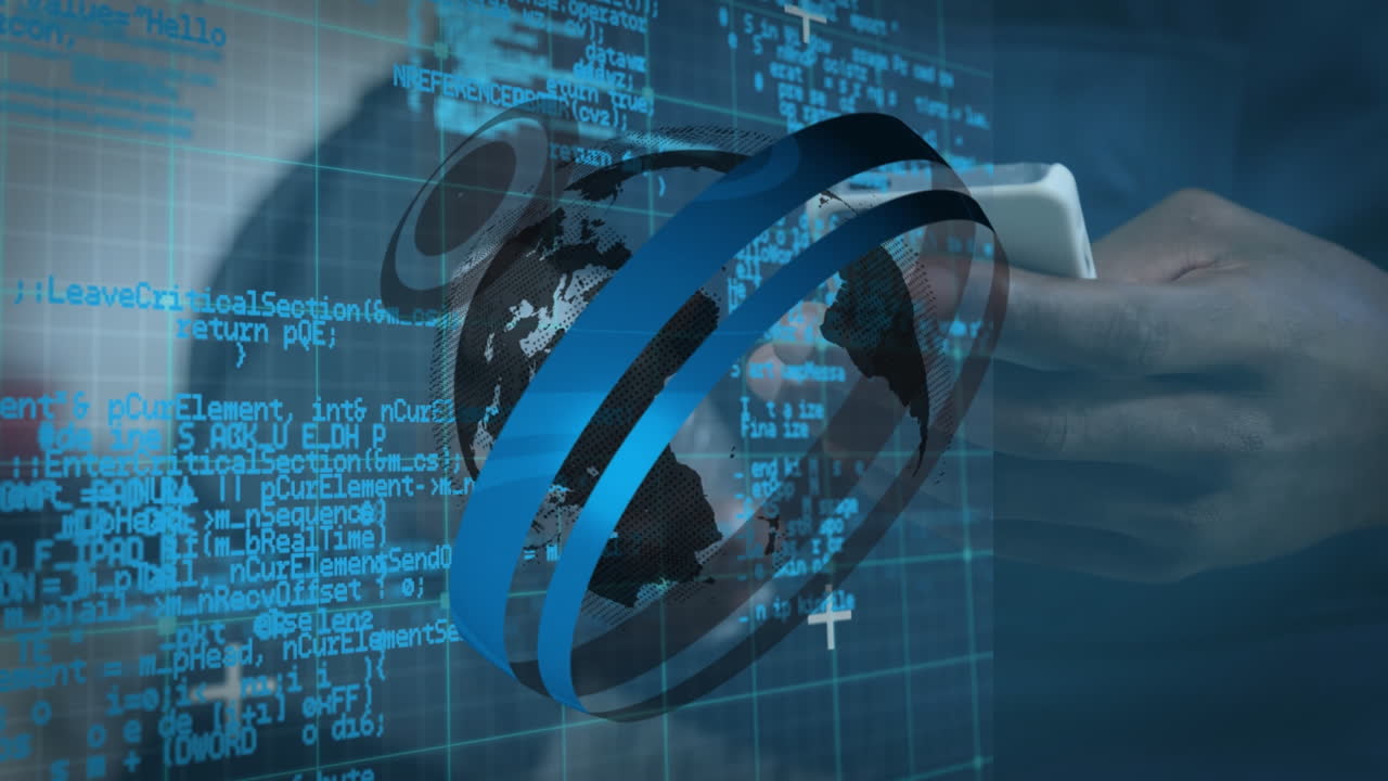 Animation of globe and data processing over african american man using smartphone